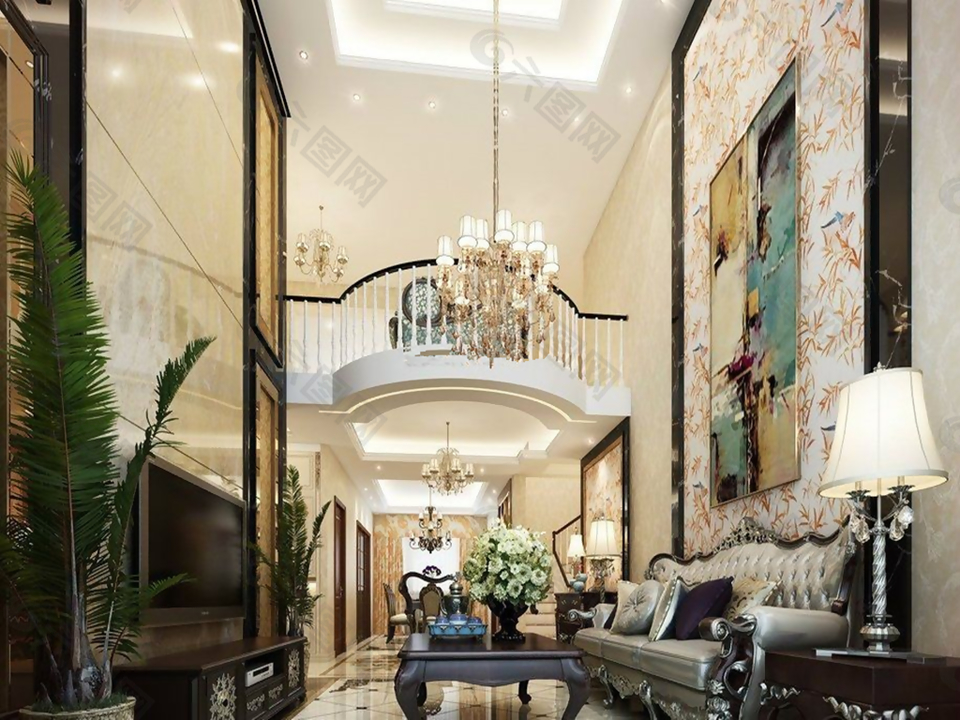 歐式中空別墅挑高客廳裝修效果圖裝飾裝修素材免費下載(圖片編號:9024